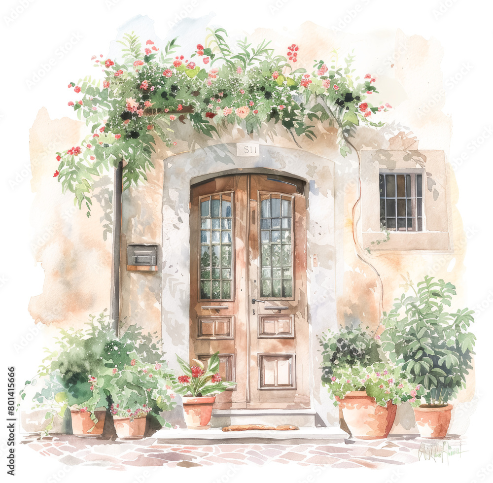 Blooming doorway in peaceful watercolor style