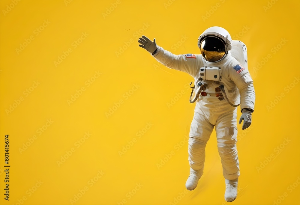 A astronaut in a spacesuit floating in space against a yellow background