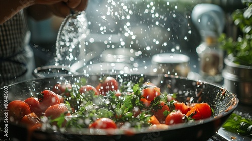A chef is adding water to a pan of tomatoes and herbs.