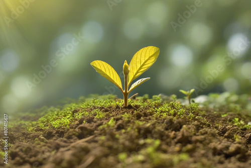 Young plant growing in the morning light and green nature bokeh background , new life growth ecology business financial progress concept ,Earth Day