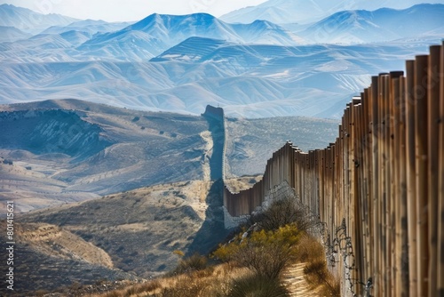 A metaphorical image of a tariff wall separating two neighboring countries photo