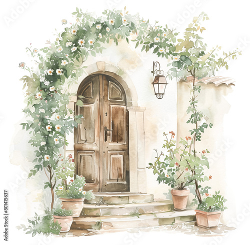 Watercolor illustration of doorway with flowers photo