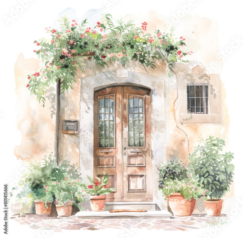 Blooming doorway in peaceful watercolor style
