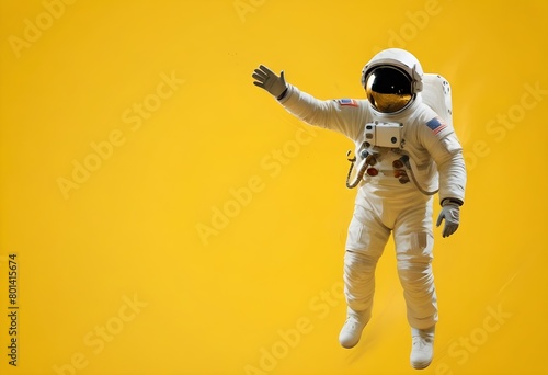 A astronaut in a spacesuit floating in space against a yellow background photo