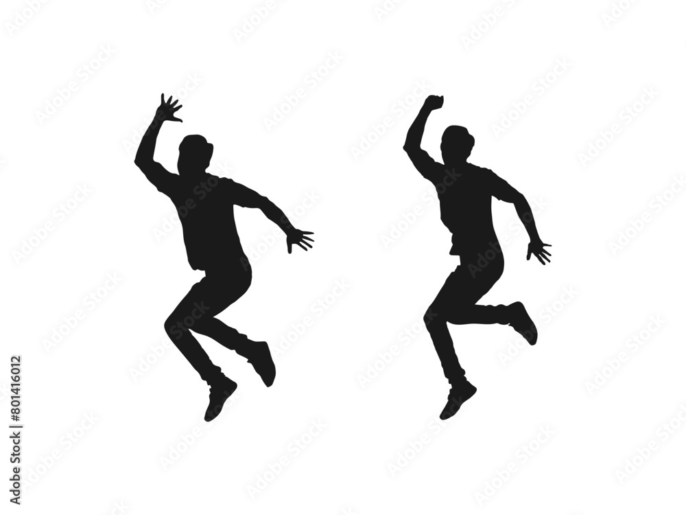 Happy jumping people silhouettes. Black and white vector collection. Illustration of people jumping-silhouettes. Black vector silhouettes of jumping or falling man isolated on white background.