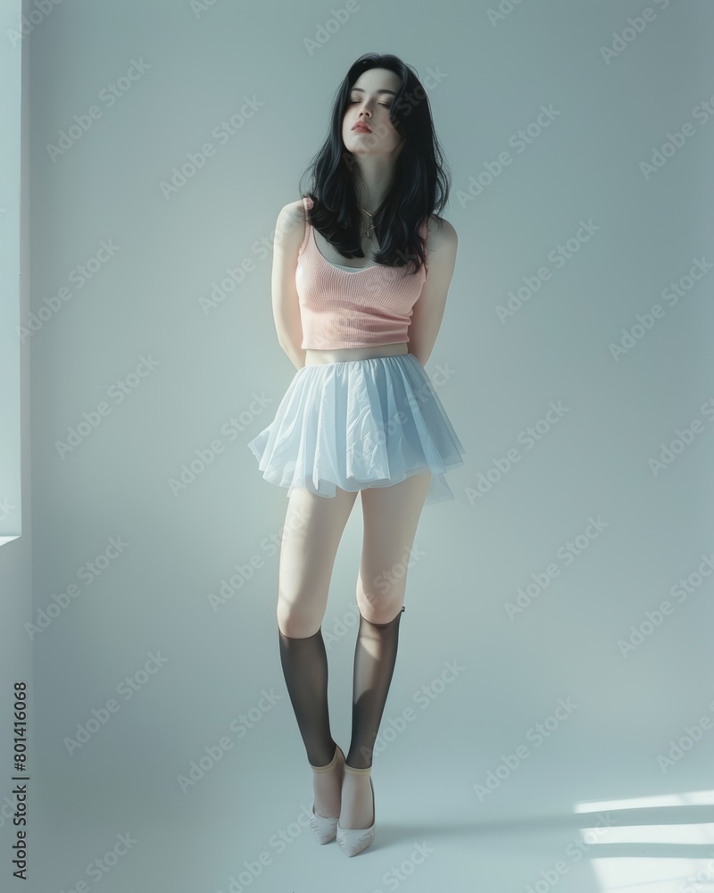 Naklejka premium A woman wearing pale pink top tunk shirt with short soft blue skirts standing on a white background isolated.