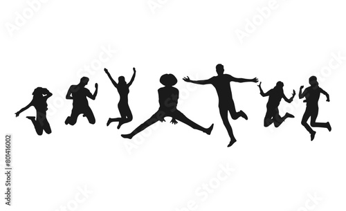 Happy jumping people silhouettes. young friends jumping silhouettes. Illustration of people jumping-silhouettes. Silhouette group of people jumping on white background. Happy celebration concept.