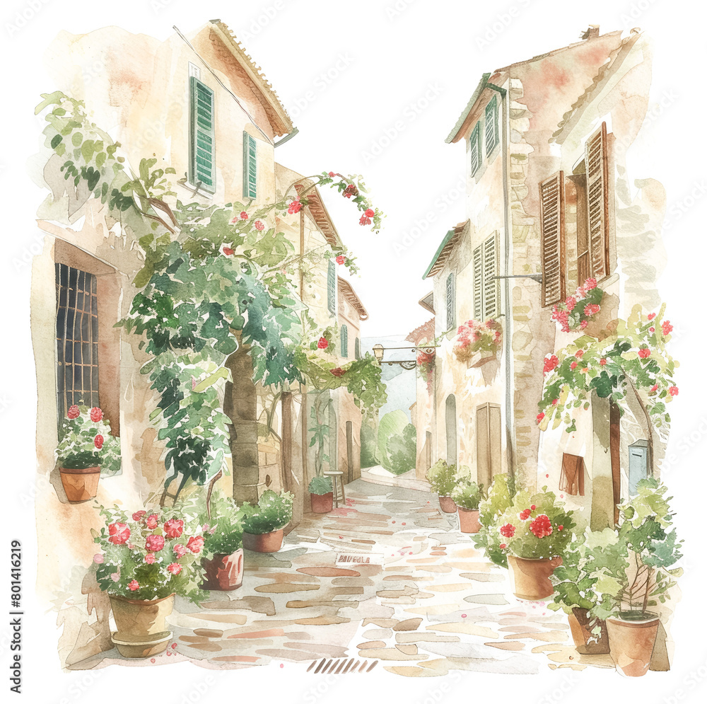 Fototapeta premium Quaint street watercolor in a Tuscan village
