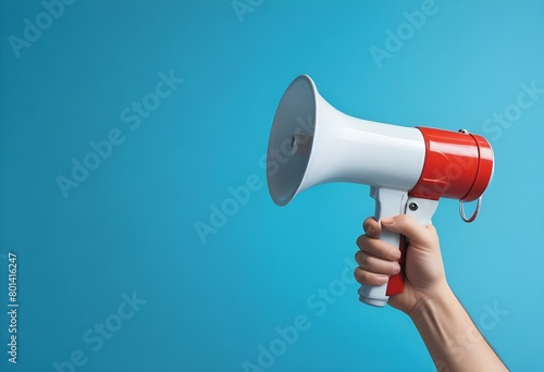 A hand holding a megaphone or bullhorn against a bright blue background © Studio One