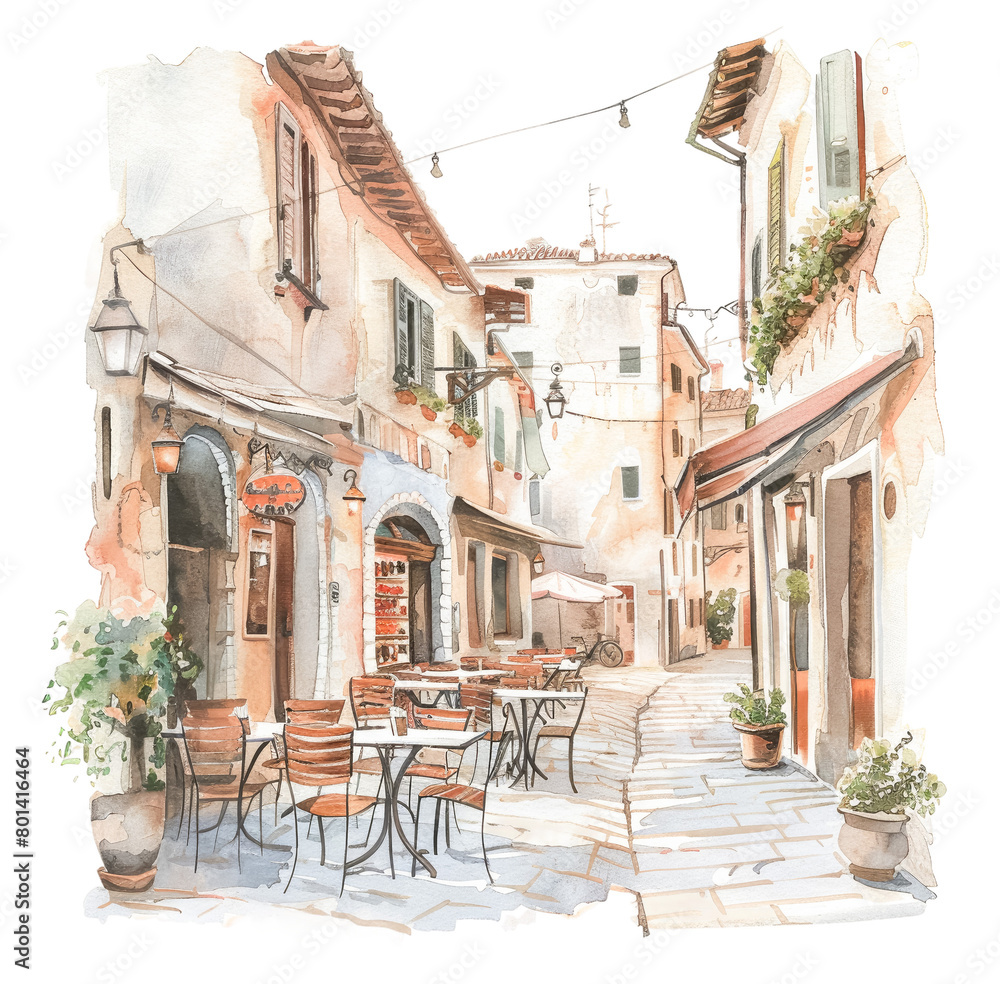Charming watercolor alley with cafes and shops
