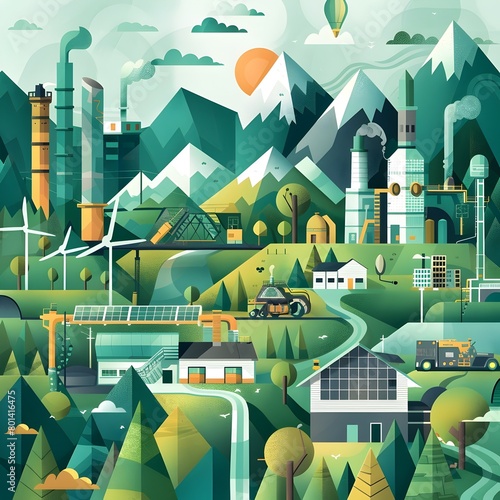 Illustrating the Green Economy Transition: Businesses, Governments, and Communities Embrace a Sustainable Future photo