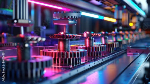 Colorful Lighting in D Rendered Gear Assembly Machine A Modern Industrial