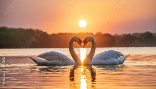 two swans making a heart shape at sunset forming a pattern of love