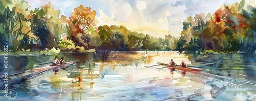 A peaceful watercolor depiction capturing a rowing competition on a tranquil river, where rowers elegantly move through the water amidst a tranquil setting of verdant trees and a vivid blue sky. photo