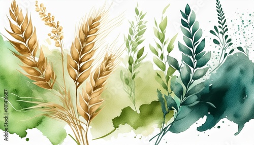 assemblage of wheat and jade abstract watercolor swashes isolated on a transparent background photo