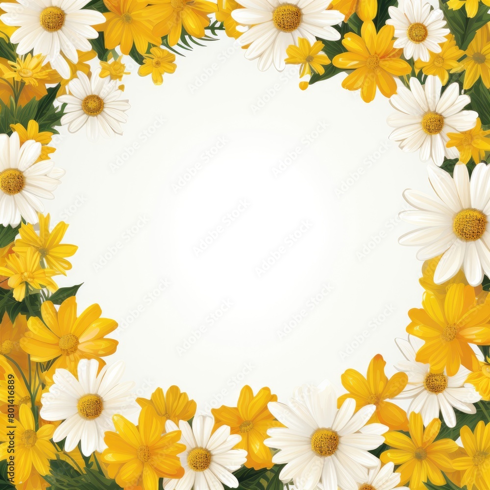 
White and yellow flowers grace a serene backdrop, evoking the tranquil essence of spring without unfurling.
