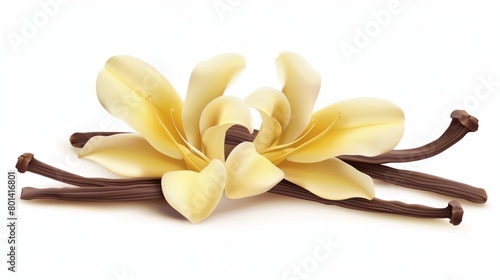 Realistic illustration of vanilla flowers and pods on a light background.