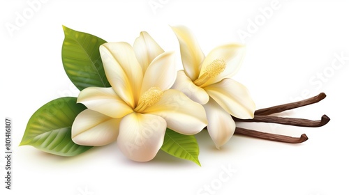 Realistic illustration of two white plumeria flowers and vanilla beans with green leaves on a white background.