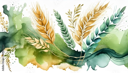 assemblage of wheat and jade abstract watercolor swashes isolated on a transparent background photo