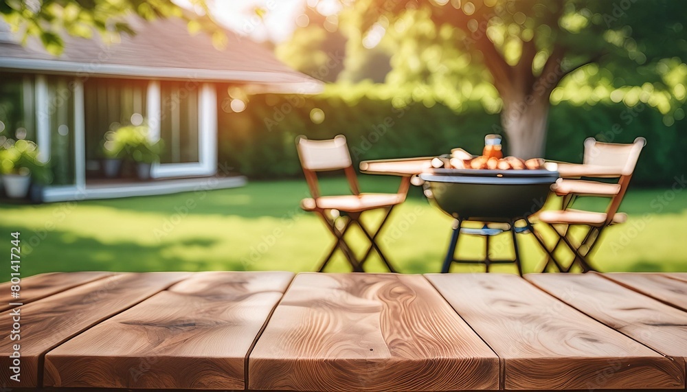 backyard garden party with barbecue wooden table on blurred background with space for text summer party lifestyle concept generative ai