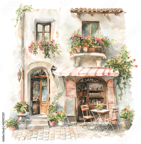 Charming cafe street scene in watercolor photo