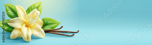 Illustration of a vibrant yellow plumeria flower with green leaves and brown vanilla pods on a blue background. photo