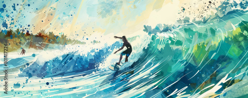 In a surfing contest, surfers conquer the waves in an ocean environment, showcasing their expertise and enthusiasm as they ride the surf against a backdrop of a cloudless sky.