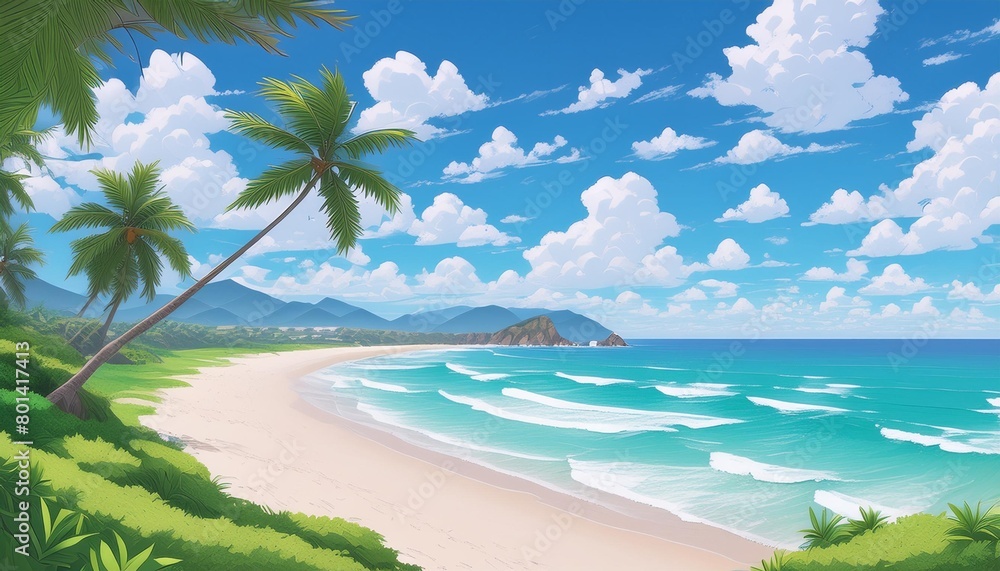 impressive beautiful relaxing anime illustration of a tropical beach scenery