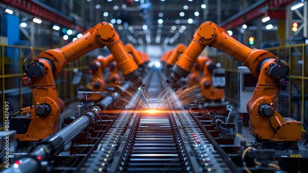 Efficient Operation of Robotic Arms in Cutting-Edge Factory Utilizing Digital Network Communication. Concept Factory Automation, Robotic Arms, Digital Networks, Efficiency, Cutting-Edge Technology