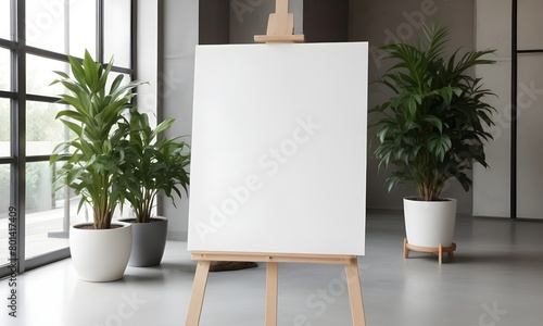 A large blank white canvas on an easel in a modern interior with potted plants