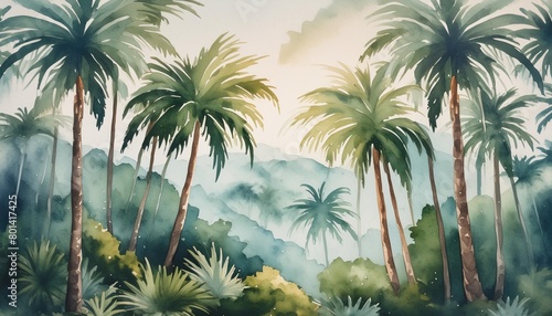 palm trees in a jungle forest decorative watercolor painting landscape generative ai