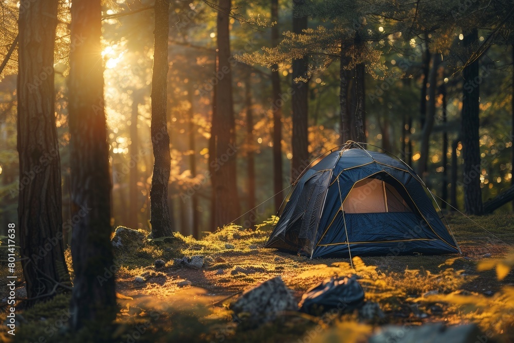 Camping tent in autumn forest near lake.