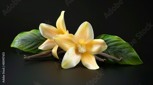 Elegant arrangement of two yellow magnolia flowers with lush green leaves and a vanilla pod on a dark background.