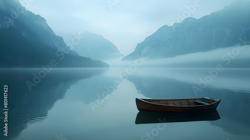 Tranquil Reflections of Mountains and a Lone Boat Amidst Nature s Peaceful Scenery