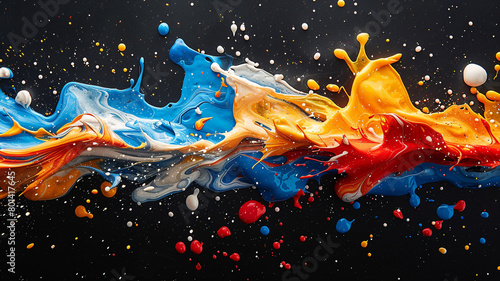 Splashes of bold primary colors splattered against a canvas of deep black.