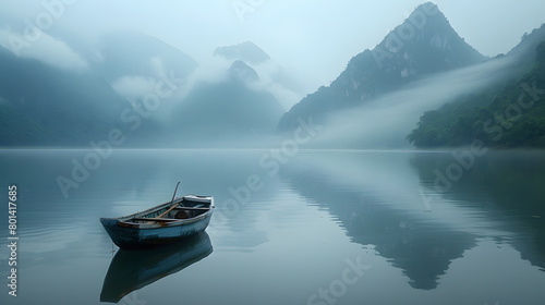 Tranquil Reflections of Mountains and a Lone Boat Amidst Nature s Peaceful Scenery