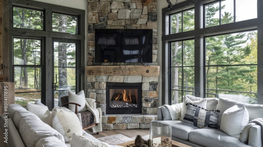 Fototapeta premium A compact stone fireplace nestled perfectly in the corner bringing a rustic charm to the space. 2d flat cartoon.