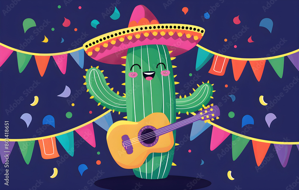 Cartoon character for Cinco de Mayo fiesta celebration. Mexican funny cartoon cactus mariachi in sombrero and guitar at party. Ethnic guitarist plays music on Mexico's national holiday banner.
