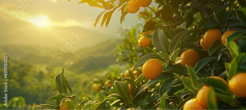 Ripe oranges hanging on a tree in a sunny orchard
