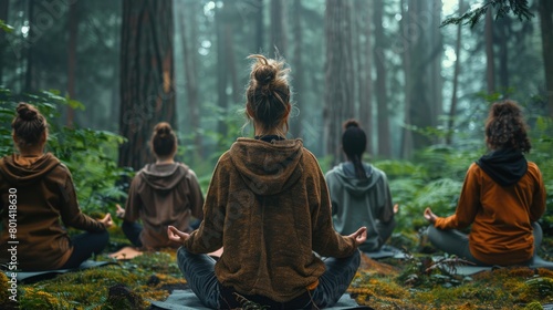 A group of women meditating in the woods.