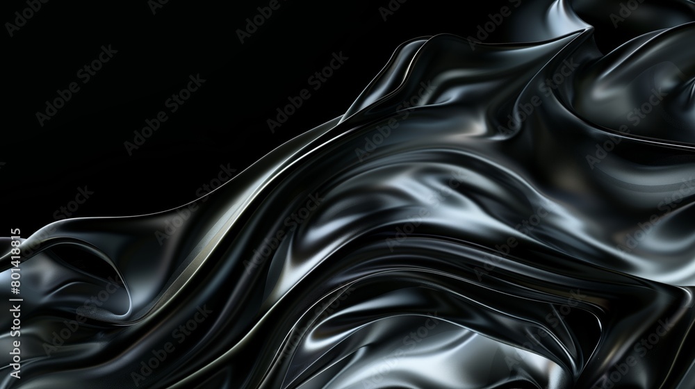 Luxurious black satin fabric with smooth, wave-like folds flowing elegantly against a dark background.