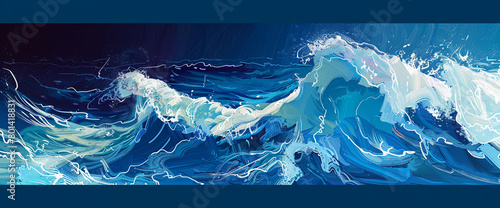 Produce a digital illustration capturing the vibrant energy of ocean waves, with colors ranging from azure to deep navy, symbolizing the perpetual motion and vitality of the sea. photo