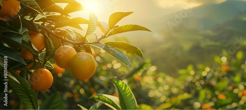 Ripe oranges hanging on a tree in a sunny orchard