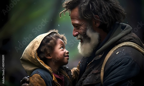 Elderly man and young child share heartwarming smiles, representing the enduring bond between generations in a gentle, natural setting illuminated by ethereal light photo
