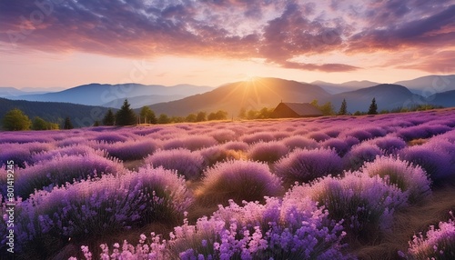 lavender in flower field wide panoramic view