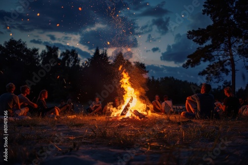 A group of happy people are sharing smiles around a campfire, enjoying the leisure of travel. The sky is clear, adding to the fun atmosphere of this recreation event in the beautiful landscape