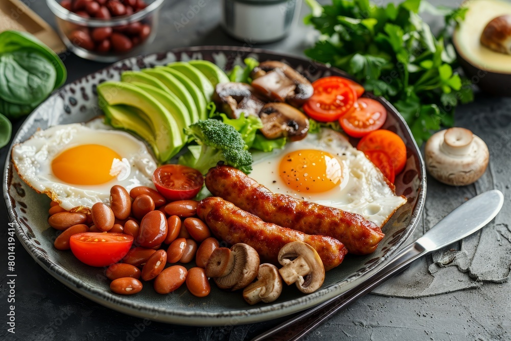 A vegetarian breakfast. vegetarian sausage, fried eggs, beans, avocado, mushrooms and tomato