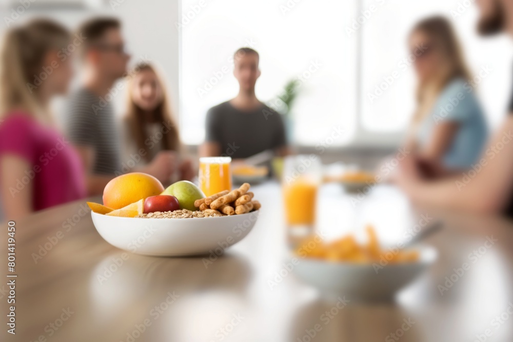Young adults casually socializing around a breakfast table with fresh fruit, nuts, and orange juice in a modern, well-lit kitchen setting