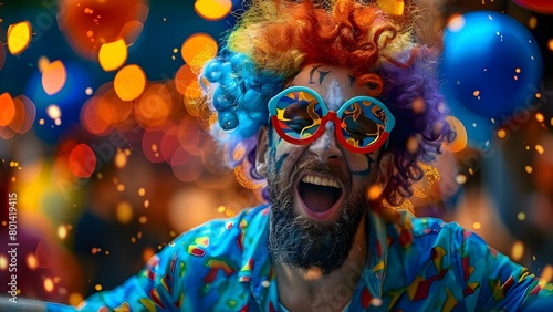 Embrace the Festive Spirit at a Lively Carnival with a Bearded Man in a Colorful Wig and Funny Glasses. Concept Festive Carnival, Bearded Man, Colorful Wig, Funny Glasses, Lively Atmosphere