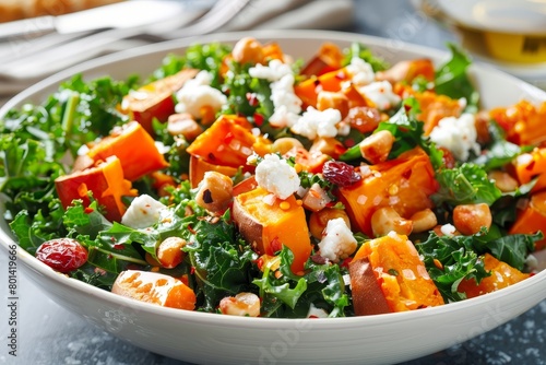 Baked sweet potato, kale, goat cheese and dried fruit salad